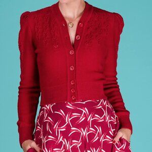 Peggy Sue Cardigan By Emmy Designs Sweden,Red Wool,Cropped, V Neck,Fitted,10/12